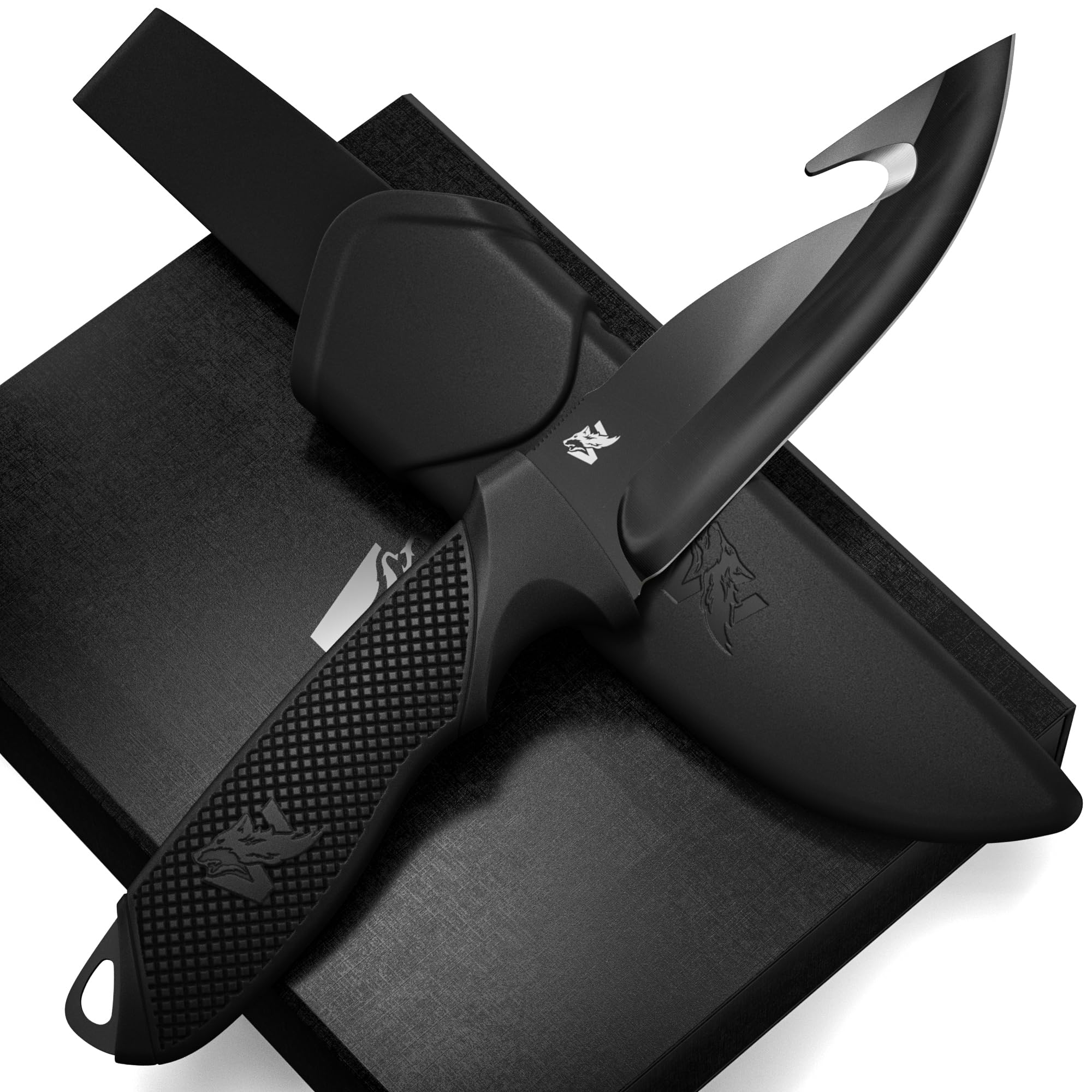 ODENWOLF HUNTER 2 - Tactical Hunting Knife with Gut Hook - Deer Skinning Knife for Hunting - Knife Fixed Blade with Sheath - Field Dressing Knive with Gutting Hook - Survival Knife with Sheath