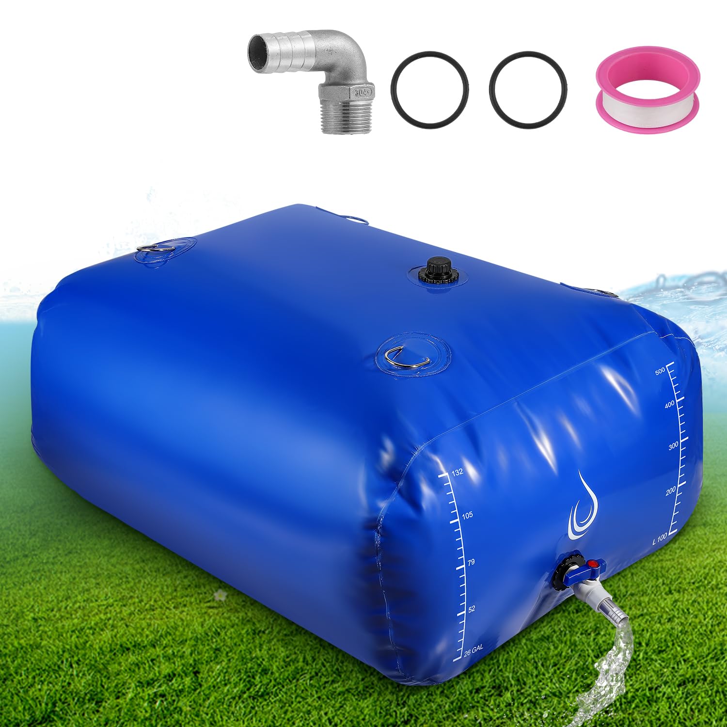 LANUEVA 158 Gal/600L Portable Water Storage Bladder 1000D PVC Foldable Water Tank with Spigots and Overflow Kit Water Storage Containers for Emergency Water RV Irrigation&Camping (Blue 600L)