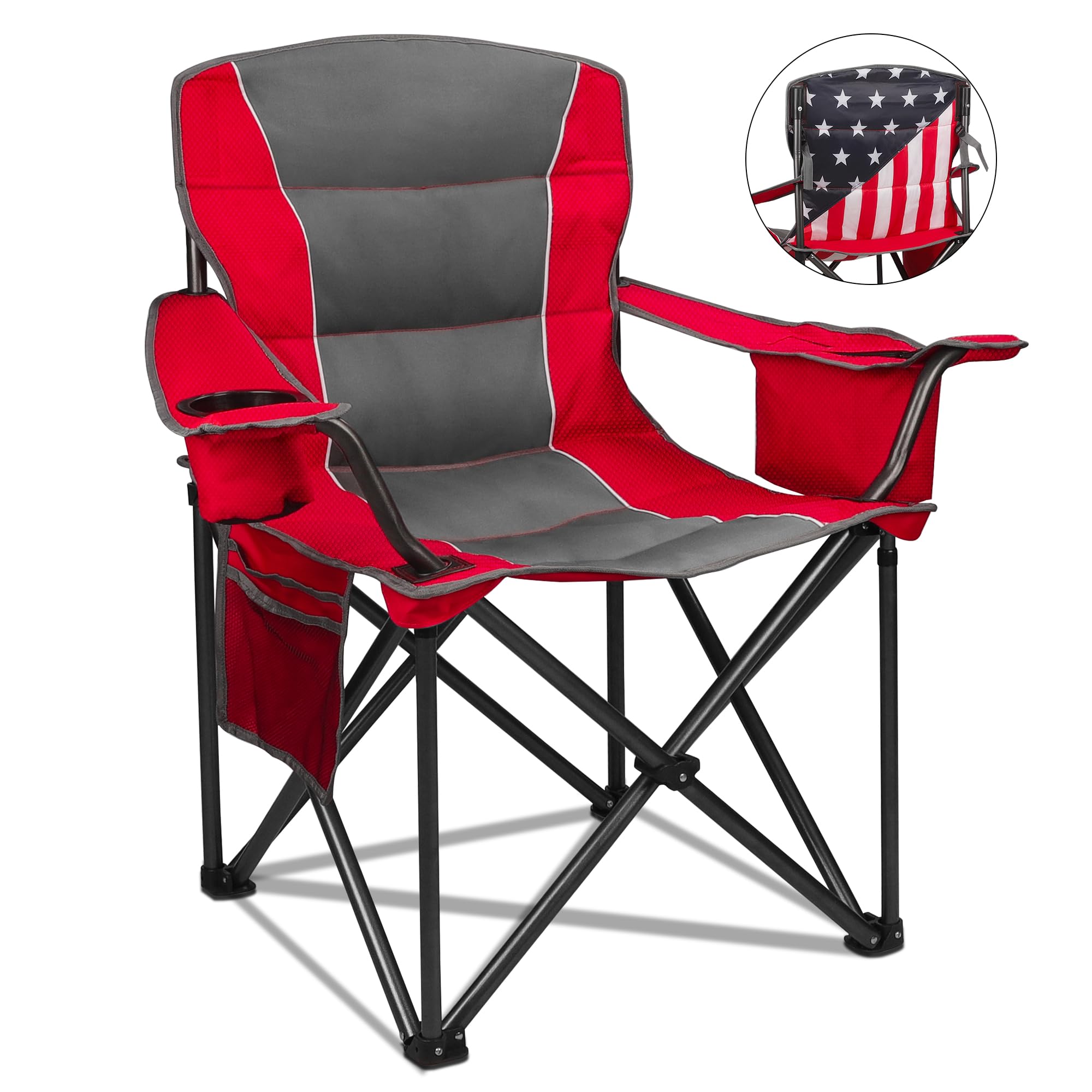 Colorsoul Heavy Duty Folding Camping Chair Outdoor Oversized Camping Chair w/Cup Holder & Cooler Bag Portable Padded Lawn Chair for Beach Picnic Sports U.S. Flag(Red)