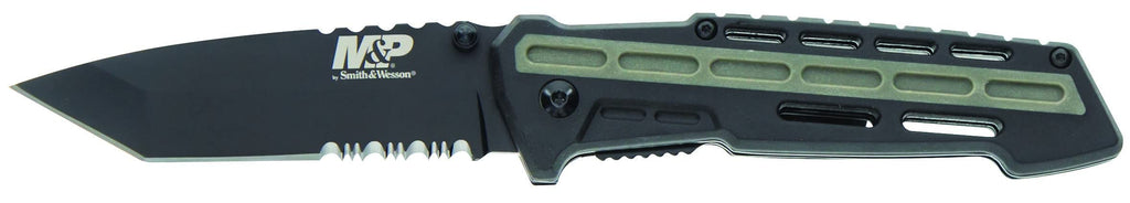 Smith & Wesson M&P AR Overmold 8.2in High Carbon S.S. Folding Knife with 3.5in Serrated Tanto Blade and Rubber Handle for Outdoor Survival and EDC